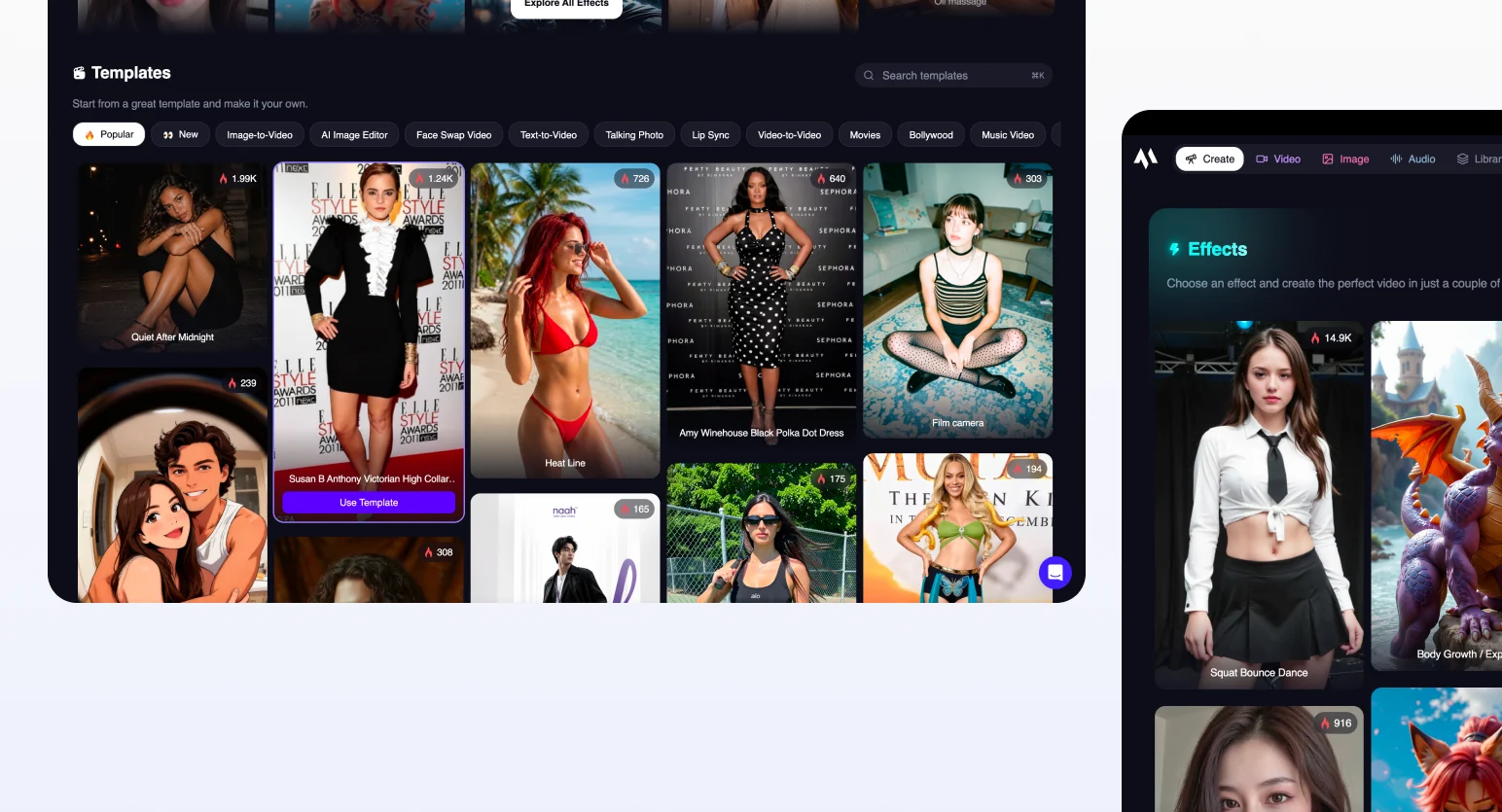 The old Magic Hour create page, a wall of trending templates and effects